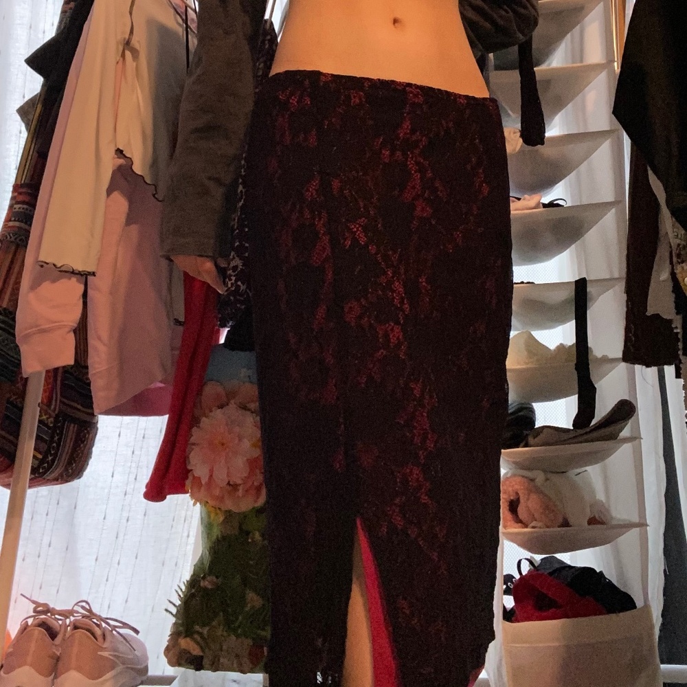 Red and black lace midi skirt